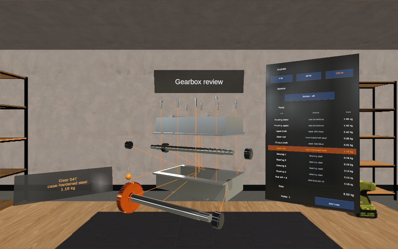 A picture of A design review of a gearbox from play mode in the Unity Editor